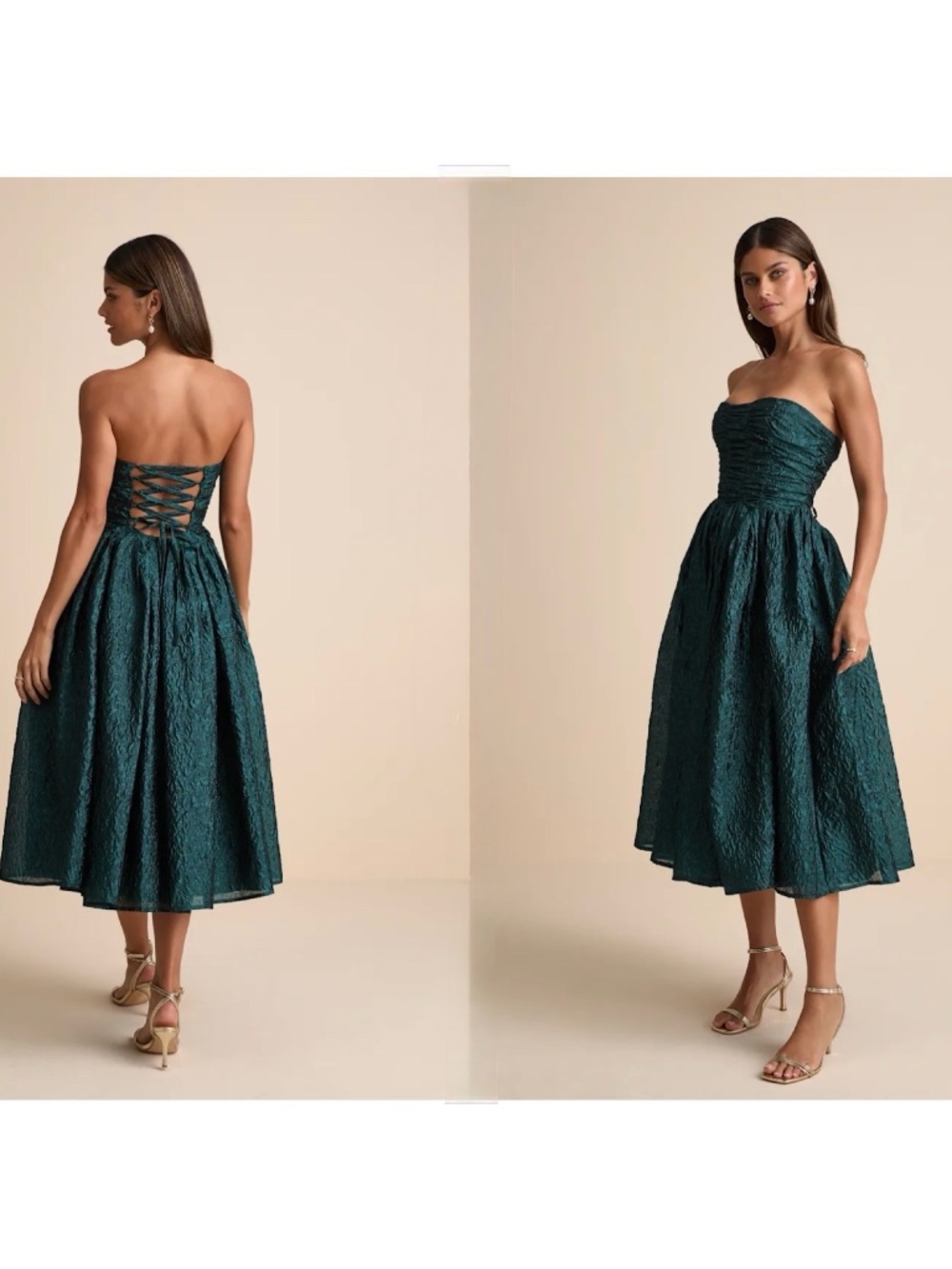NWOT Lulus Analeia Dark Teal Jacquard Lace-Up Strapless Midi Dress S